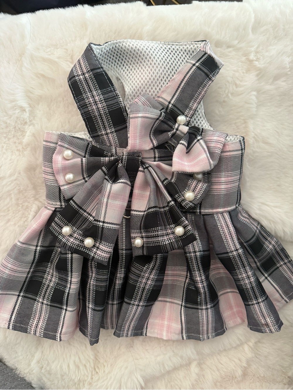 🐾 Small Dog Clothes – Pink, Black & White Plaid - L